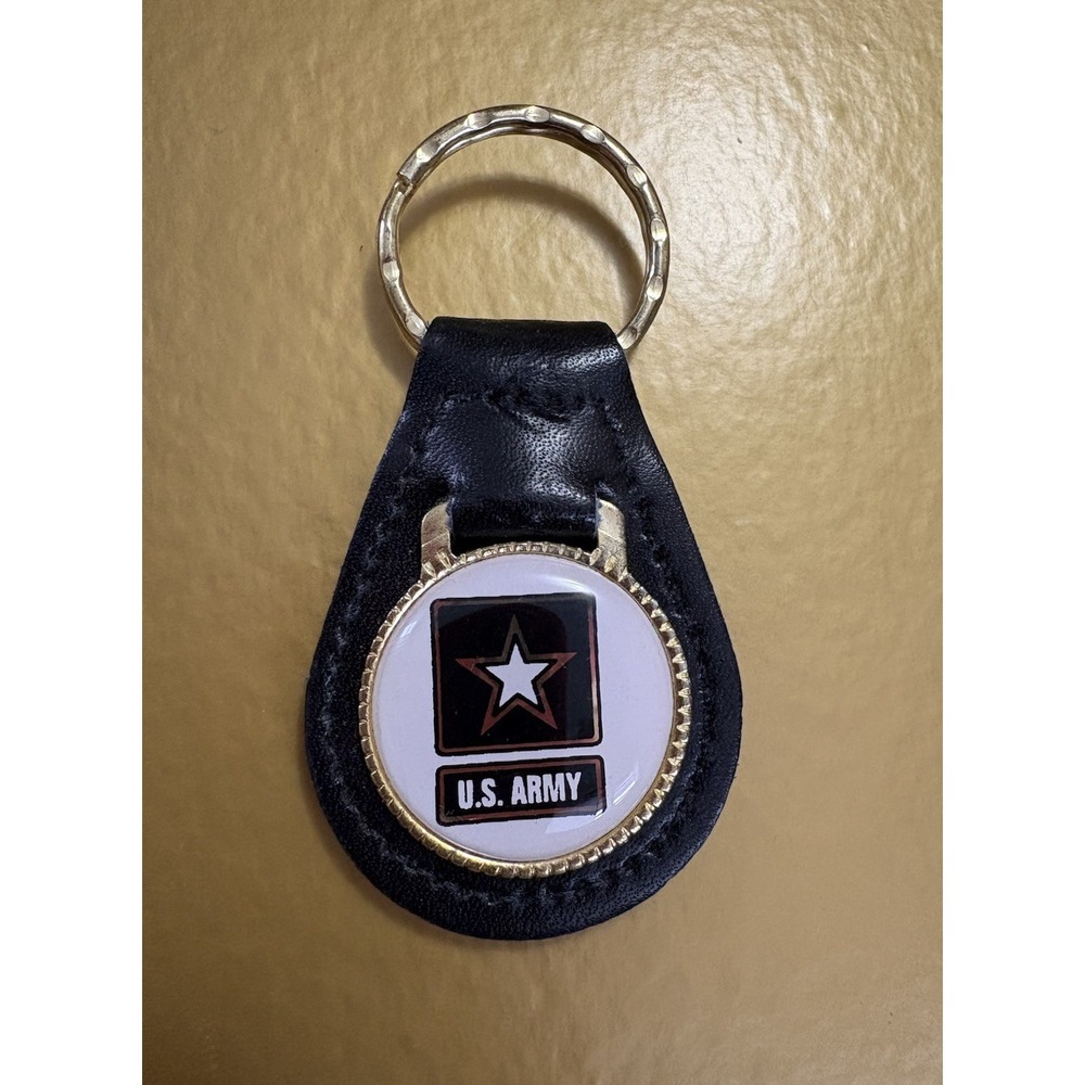 United States US Army Keychain Fob Leather Key Ring Black Gold Tone